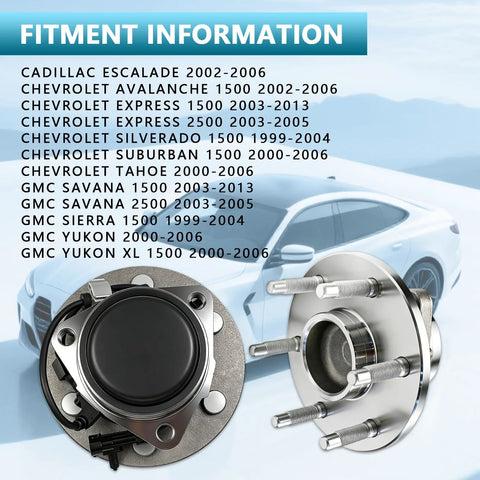 Drop-In Front Wheel Hub Bearing Assembly With ABS For 2WD Chevy Tahoe Suburban GMC Yukon Silverado Sierra Escalade 6-Lug Vehicles 1999-2006 Range Part 515054 Easy Install Durable Replacement For Daily Driver with fitment information.