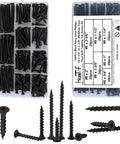 155 Piece Black Oxide Wood And Drywall Screw Assortment Kit With Phillips Countersunk Heads, showing various screw lengths and a storage container.