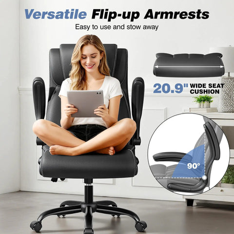 Ergonomic Office Chair For Home Or Office With Adjustable Lumbar Support Leather High Back Executive Style Flip Up Arms Rocking Mechanism All Day Comfort Black Finish