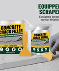 Zero Mess Drip Free Heavy Duty Rubberized Concrete Crack Filler And Cement Repair Sealant Self Leveling Waterproof Flowable Paste for Driveway Patio Slab in use with scraper.
