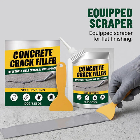 Zero Mess Drip Free Heavy Duty Rubberized Concrete Crack Filler And Cement Repair Sealant Self Leveling Waterproof Flowable Paste for Driveway Patio Slab in use with scraper.