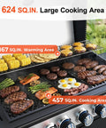 Six Burner Propane Gas Grill with Infrared Sear Side Burner and Diamond Pattern Cast Iron Grates in use, grilling steaks and vegetables.