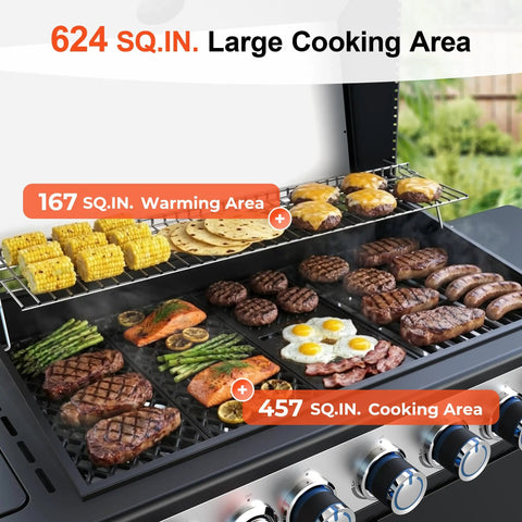 Six Burner Propane Gas Grill with Infrared Sear Side Burner and Diamond Pattern Cast Iron Grates in use, grilling steaks and vegetables.