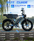 Size guide for Adult Electric Bike, 750W Motor 1500W Peak Power with dimensions and recommended user height details.