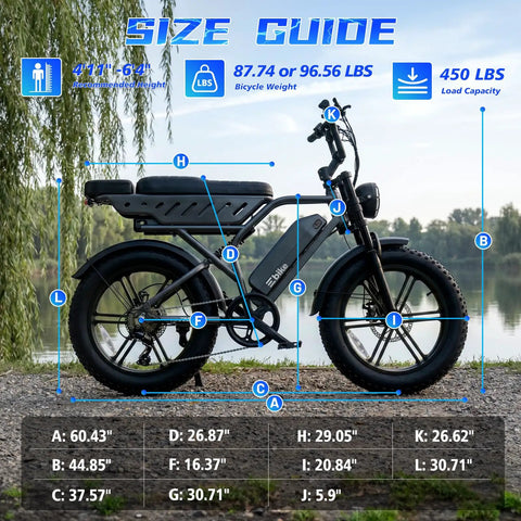 Size guide for Adult Electric Bike, 750W Motor 1500W Peak Power with dimensions and recommended user height details.