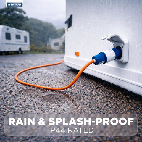 Hella Rugged 10 Meter Heavy Duty Extension Cord 16 Amp 230 Volt IP44 Weatherproof Industrial Power Lead in use with a caravan.