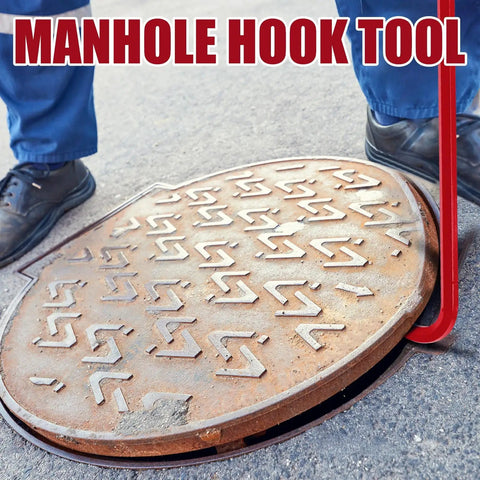 36 Inch Manhole Cover Hook Set Of 4 With 5/8 Hex Drive Handle Rock Solid Workhorse Grate Puller in use on a manhole lid.