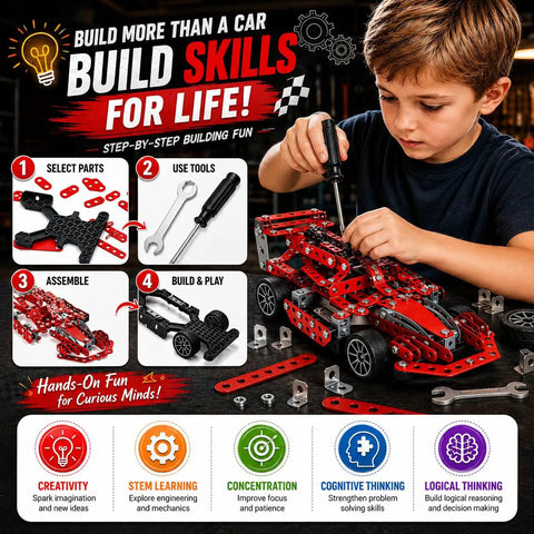 Child building Metal Model Racing Car Kit With 287 Pieces For Kids 8 Plus STEM Building Toy Real Screws Nuts Bolts And Tools