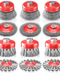 12 Piece Wire Wheel Brush Set For Four And A Half Inch Angle Grinders With Five Eight Eleven UNC Arbor Heavy Duty Knotted And Crimped Cup Brushes For Rust Removal And Corrosion Cleaning