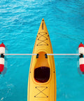 Top view of kayak with Portable Kayak Outrigger Stabilizer Kit With Detachable PVC Arms Quick Install Marine Stabilizers