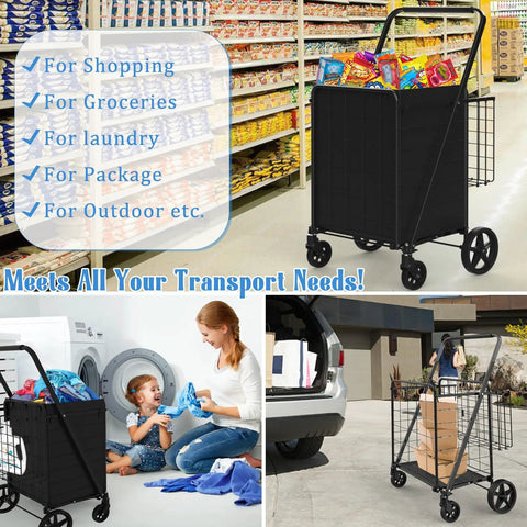 Heavy Duty Folding Grocery Cart With Jumbo Capacity And Waterproof Bag 360 Degree Swivel Wheels Portable Utility Trolley in use
