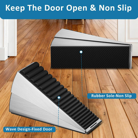 Optish 2-pack heavy-duty door stoppers, silver aluminum wedge with ribbed rubber surface, side view