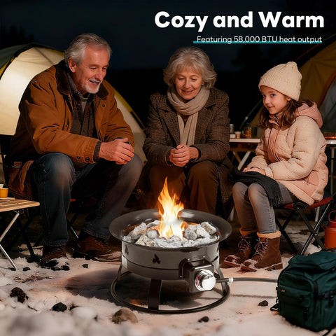 Family enjoying warmth from 19 Inch Portable Propane Fire Pit Smokeless Round Fire Bowl With Cover And Carry Kit