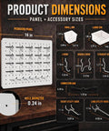 Product dimensions for Game Changer Garage Wall Storage System with four 12x16 pegboard panels and hooks.