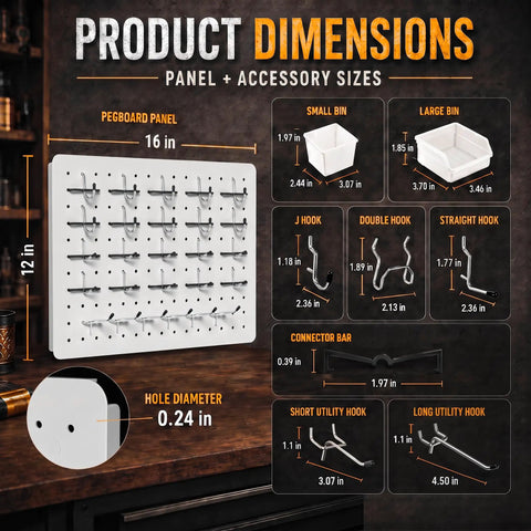 Product dimensions for Game Changer Garage Wall Storage System with four 12x16 pegboard panels and hooks.