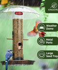 Outdoor Metal Bird Feeder That Hangs Easy On Deck With Oversized 11.5 Inch Protective Dome And 8 Inch Removable Tray Holds 3 Lbs Seed
