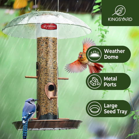 Outdoor Metal Bird Feeder That Hangs Easy On Deck With Oversized 11.5 Inch Protective Dome And 8 Inch Removable Tray Holds 3 Lbs Seed