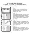 Diagram showing step-by-step instructions for hanging wood frames using Heavy Duty Picture Hanging Kit For Wood Frames And Canvases On Drywall.