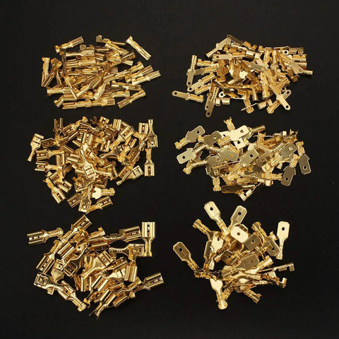 Grab This Ultimate 480-Piece U-Shaped Terminal Kit With Snazzier Cold Inserts And Small Teeth Terminals Perfect For Wiring Up To 1.5mm² Plus Heat Shrinkable Sleeves For Durable Male Female Spade Connectors That Are Totally Rad For Any Hotshot DIYer. 2.8-6.3mm gold copper spade terminals