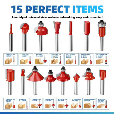 15 Piece One Quarter Inch Shank Router Bits Set With Pro Grade Tungsten Carbide Double Flute Cutters Wood Milling Kit