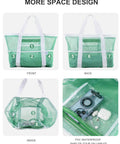 Front and back views of green-white 40L Mesh Beach Tote Bag with Sandproof Quick Dry Mesh and Waterproof Pocket showing spacious design.