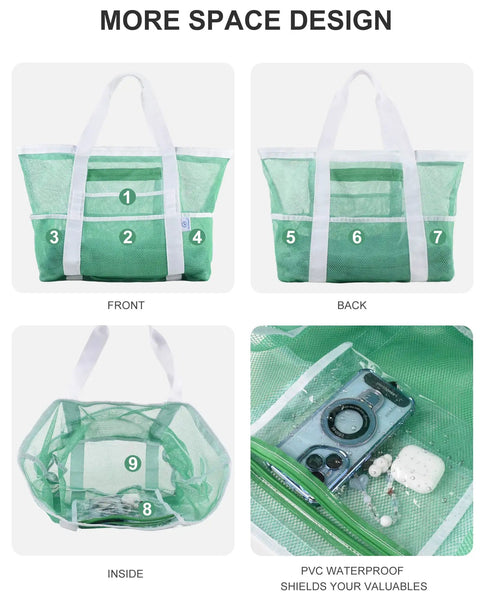 Front and back views of green-white 40L Mesh Beach Tote Bag with Sandproof Quick Dry Mesh and Waterproof Pocket showing spacious design.