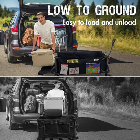 Beast Foldable Wagon With Tailgate Cargo Net 55 Inch Long 26 Inch Wide 600L Capacity All Terrain Wheels next to a car