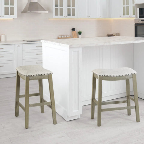 Metro 24 Inch Counter Height Saddle Stool With Nailhead Trim 2 Pack Antique Grey Base With Grey Fabric in kitchen setup