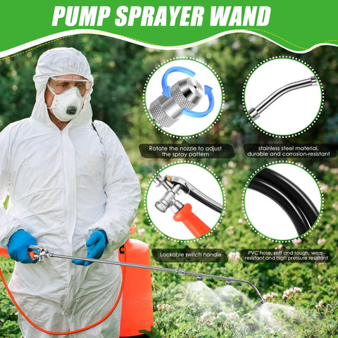 Person using All Metal Pro Grade Pump Sprayer Wand With Two Nozzle Types And Adjustable Spray, Stainless Steel Build in garden
