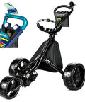 Lightweight Three Wheel Golf Push Cart With Quick Fold Frame Wide Eva Wheels For Slick Fairway Cruising featuring a phone hub.