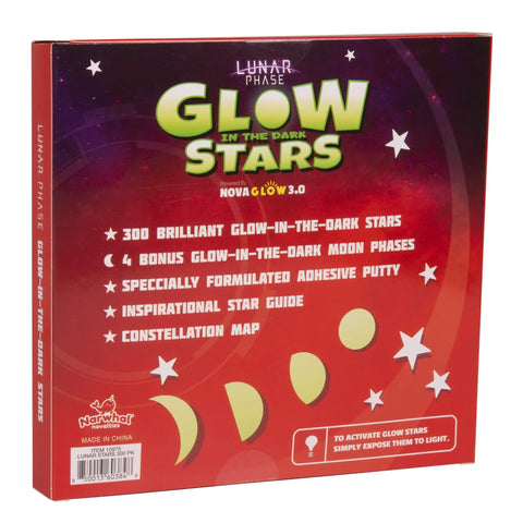 Back of Glow In The Dark Ceiling Stars Kit With 300 Pieces And 4 Bonus Moon Phases From New Moon To Full Moon packaging box.