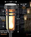 Metal Solar Torch Lights With Adjustable Height From 24 To 50 Inches For Outdoor Yard Patio And Garden Pathway Waterproof Tiki Torches In Matte Black Two Pack Featuring Patented LED Flame Effect And Realistic Flicker close-up view.