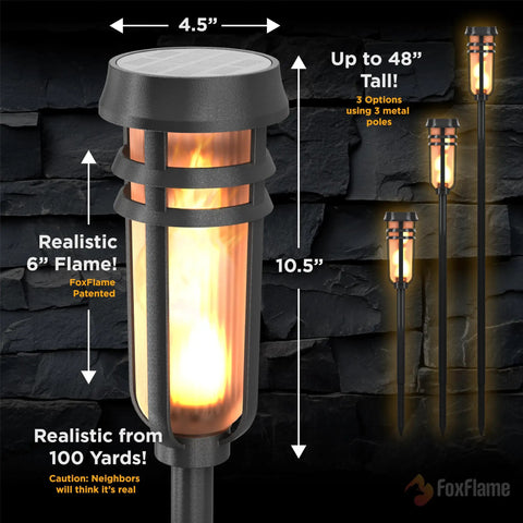 Metal Solar Torch Lights With Adjustable Height From 24 To 50 Inches For Outdoor Yard Patio And Garden Pathway Waterproof Tiki Torches In Matte Black Two Pack Featuring Patented LED Flame Effect And Realistic Flicker close-up view.