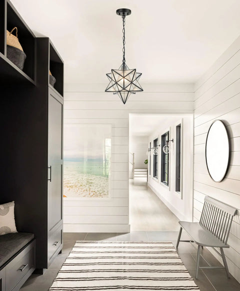 14 Inch Star Pendant Light With Seeded Glass Shade in a hallway with bench and striped rug, adjustable hanging chain, modern decor