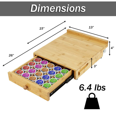 Rolling Keurig Pod Drawer Organizer With Slide Out Coffee Maker Stand Pod Holder Bamboo K Cup Storage Coffee Bar Organizer And Appliance Slider For Keurig Pods showing dimensions and weight