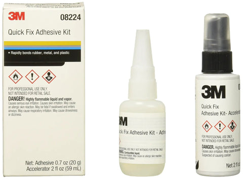 Quick Fix Adhesive Kit Ultra Fast Bond In Seconds Bonds Plastics Metals Glass And More Temperature And Shock Resistant For Automotive And Marine Use A Versatile Industrial And Occupational Grade Adhesive box and bottles, 20g adhesive, 59ml accelerator.