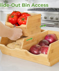 Stackable Bamboo Pantry Storage Bins Featuring Smooth Pull Out Trays A Straightforward Game Changer For Kitchen Organization Keeps Your Grub Fresh Inside Multi Size Baskets Designed For Easy Everyday Use with tomatoes and onions.