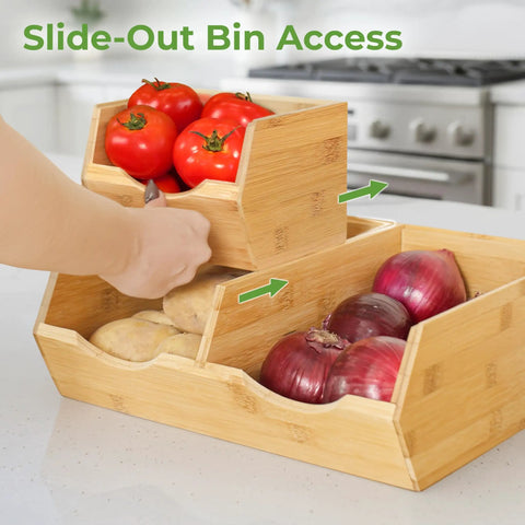 Stackable Bamboo Pantry Storage Bins Featuring Smooth Pull Out Trays A Straightforward Game Changer For Kitchen Organization Keeps Your Grub Fresh Inside Multi Size Baskets Designed For Easy Everyday Use with tomatoes and onions.