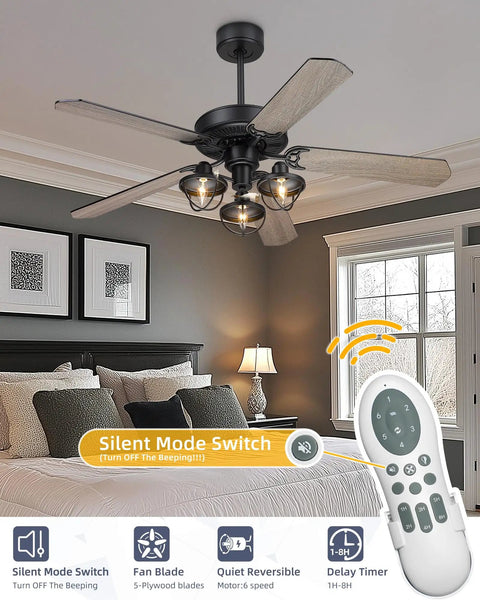 52 Inch Farmhouse Ceiling Fan With Remote Control And 3 Lights, Industrial Vibe, Barnwood Matte Black 5 Blade Design in Bedroom
