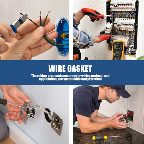 Black Synthetic Rubber Hole Plug Grommet Kit For Wire Protection And Cable Management Durable Wall Grommets For Drywall PVC Piping Plumbing And Gas Tanks Flexible Re Sealable Rubber Rings For Wires Diy Workshop Use, shown in wall wiring installs