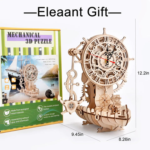 Pirate Ship Mechanical Clock Puzzle Kit For Adults And Teens, DIY Wood Craft Model That Builds Into A Fully Working Clock, Nautical Home Decor Gift, Unique Desk Shelf Art And Hands On Timepiece. Wooden 12.2in puzzle kit with box