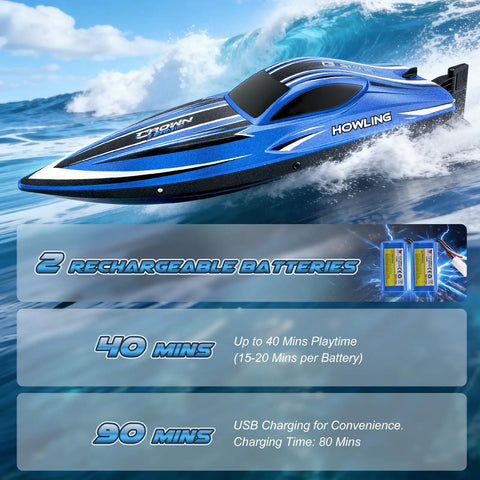 Beast Speed 35KMH RC Boat With LED Lights, 2.4GHz Remote, Self Righting Hull, 30+ Minutes Run Time, Blue 16 Inch Watercraft