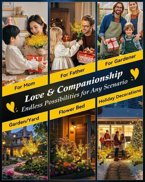 Collage showing Outdoor Solar Garden Lights 4 Pack Dusk To Dawn Golden Flower Stakes in various settings with family