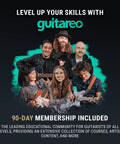 Group of guitarists holding guitars with Guitareo logo, text 'Level Up Your Skills' and '90-Day Membership Included' on black background.