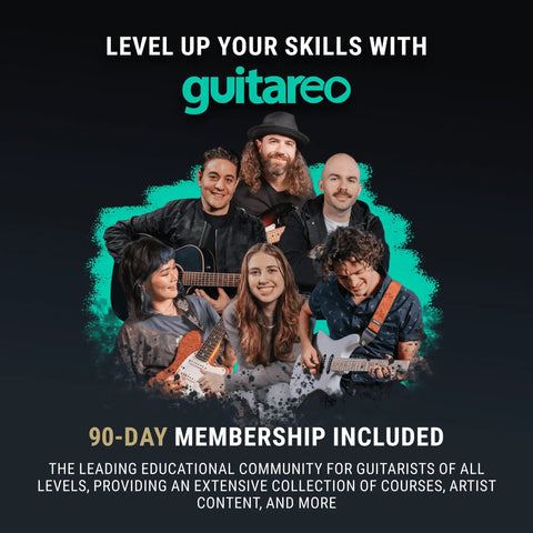 Group of guitarists holding guitars with Guitareo logo, text 'Level Up Your Skills' and '90-Day Membership Included' on black background.