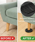 Comparison image showing a sofa leg on scratched floor without protector and with 8 Pack Furniture Caster Cups With Rubber Bed Stoppers.