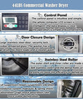 Diagram showcasing Industrial Front Load Washer Dryer Combo 44Lbs Capacity 20kg Heavy Duty Stainless Steel 304 with control panel and features.
