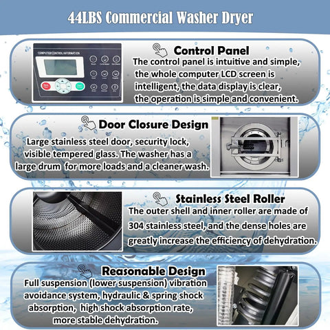 Diagram showcasing Industrial Front Load Washer Dryer Combo 44Lbs Capacity 20kg Heavy Duty Stainless Steel 304 with control panel and features.