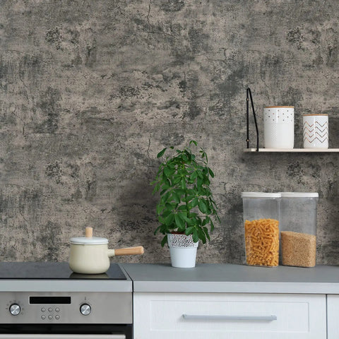 Taupe Faux Concrete Peel And Stick Contact Paper for Countertops and Cabinets applied in a modern kitchen setting.