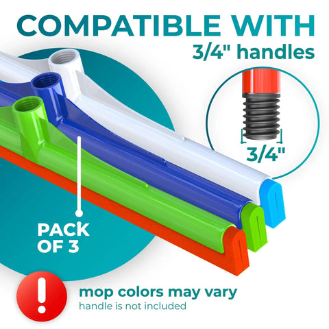 Workhorse Squeegee Broom Scrubbing Brush With Telescopic Handle For Garage Patio Deck Tile And Shower 16 Inch 3 Pack Multi Surface Floor And Window Cleaner showing 3/4-inch handle compatibility and assorted mop colors.